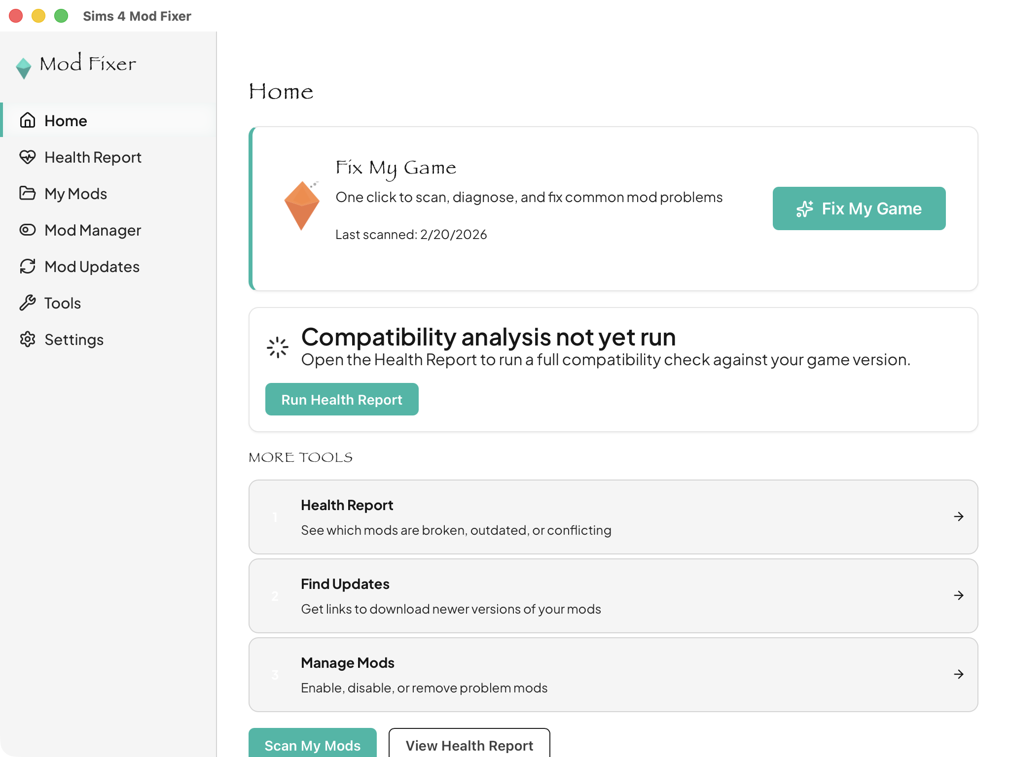 Sims 4 Mod Fixer — Home Screen