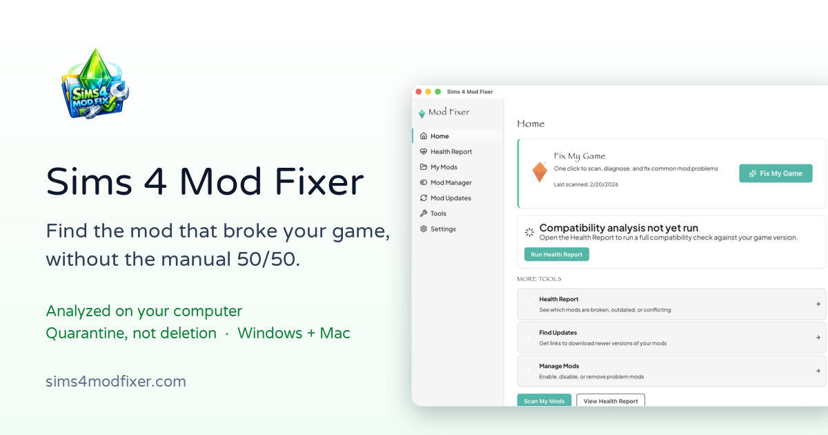 Social preview image: Sims 4 Mod Fixer app window next to the words Find the mod that broke your game